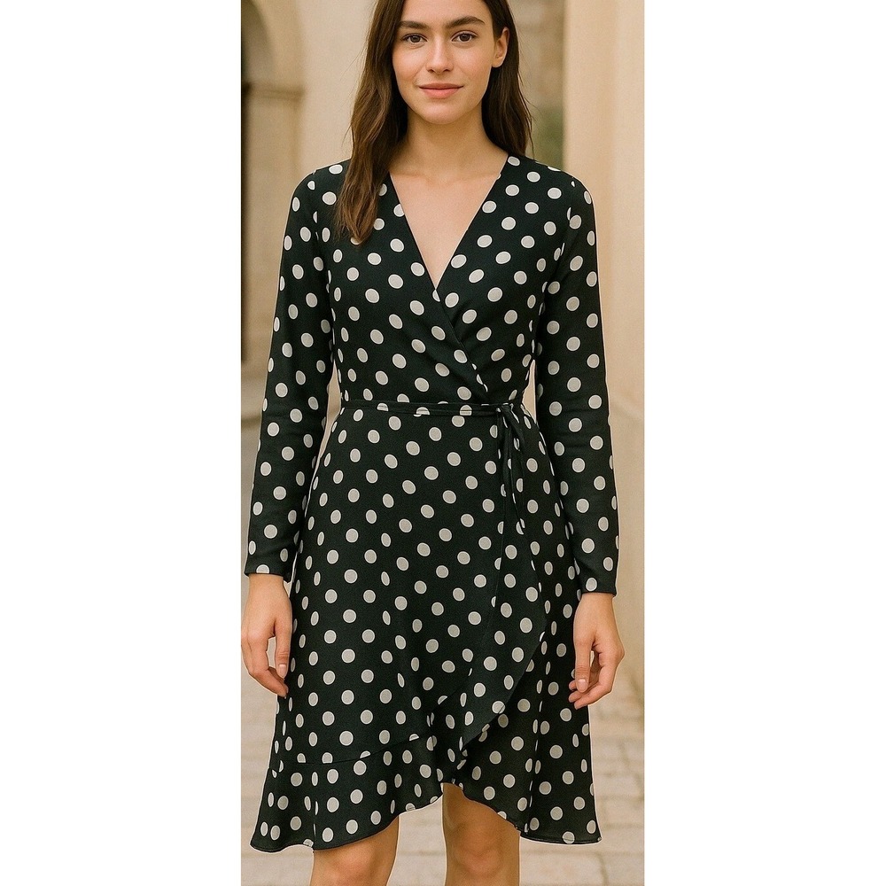 Taylor Faux Wrap Dress Size 10 Womens Fit Flare Polka-dot Ruffle Hi Lo Hem Fairy